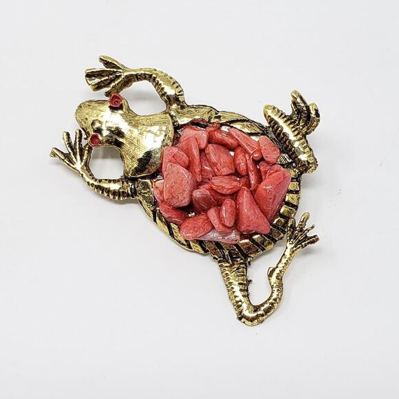 Gold-Tone Frog Brooch w/ Blush Rose Colored Stone Body & Red Eyes - Picture 1 of 7